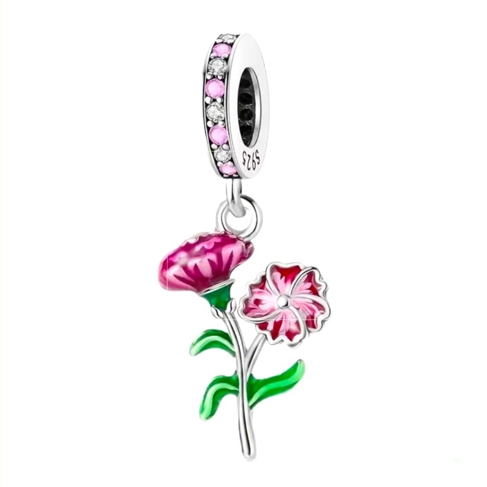 S925 Sterling Silver Floral Charm Pendant with Pink and Green Accents - NWT